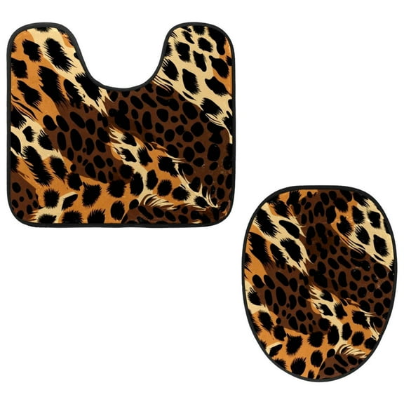 PhooArto Toilet Lid Cover and U-Shaped Toilet Floor Mat Set of 2 Pieces, Animal Leopard Color Pattern Toilet Mat Set, Machine Washable Seat Covers Non-Slip Absorbent Rugs