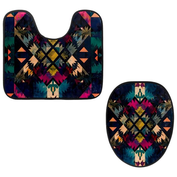 PhooArto Toilet Lid Cover and U-Shaped Toilet Floor Mat Set of 2 Pieces, Art Abstract Geometric Pattern Toilet Mat Set, Machine Washable Seat Covers Non-Slip Absorbent Rugs