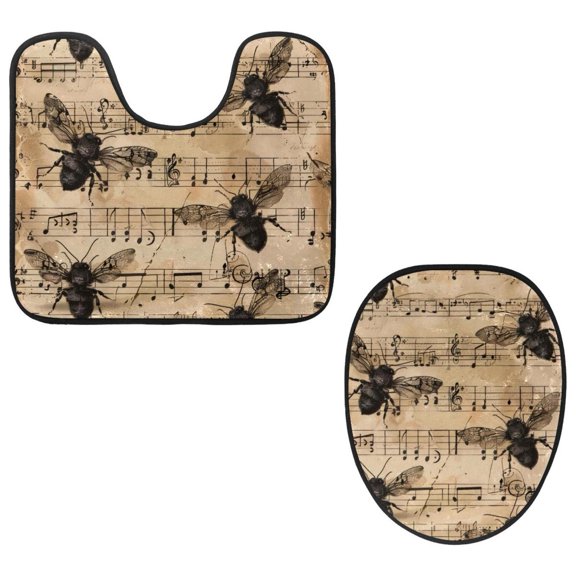 PhooArto Toilet Lid Cover and U-Shaped Toilet Floor Mat Set of 2 Pieces, Bees and Vintage Music Pattern Toilet Mat Set, Machine Washable Seat Covers Non-Slip Absorbent Rugs
