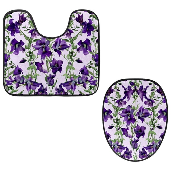 PhooArto Toilet Lid Cover and U-Shaped Toilet Floor Mat Set of 2 Pieces, Bell Flowers Watercolor Pattern Toilet Mat Set, Machine Washable Seat Covers Non-Slip Absorbent Rugs