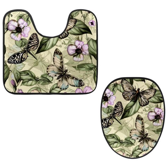 PhooArto Toilet Lid Cover and U-Shaped Toilet Floor Mat Set of 2 Pieces, Blooming Flower Butterfly Pattern Toilet Mat Set, Machine Washable Seat Covers Non-Slip Absorbent Rugs