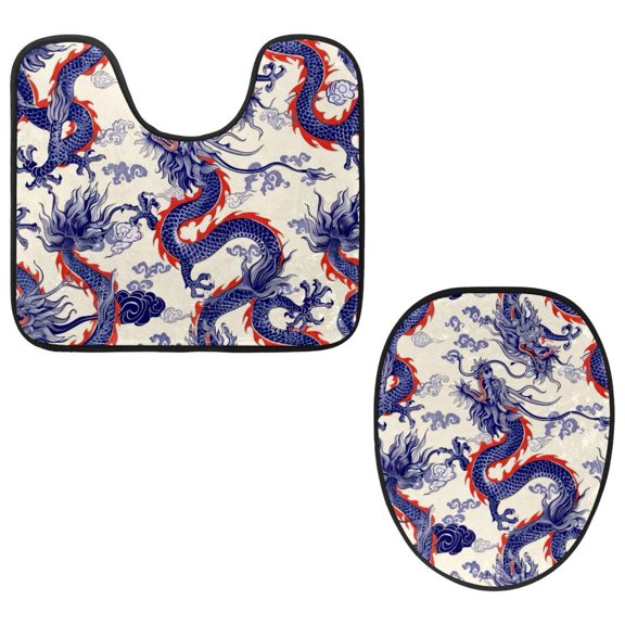 PhooArto Toilet Lid Cover and U-Shaped Toilet Floor Mat Set of 2 Pieces, Blue Chinese Dragon Pattern Toilet Mat Set, Machine Washable Seat Covers Non-Slip Absorbent Rugs