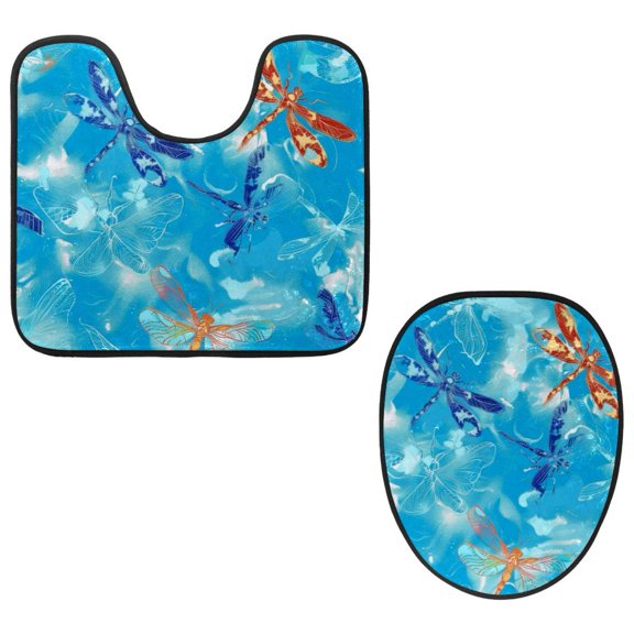 PhooArto Toilet Lid Cover and U-Shaped Toilet Floor Mat Set of 2 Pieces, Blue Dragonflies Pattern Toilet Mat Set, Machine Washable Seat Covers Non-Slip Absorbent Rugs