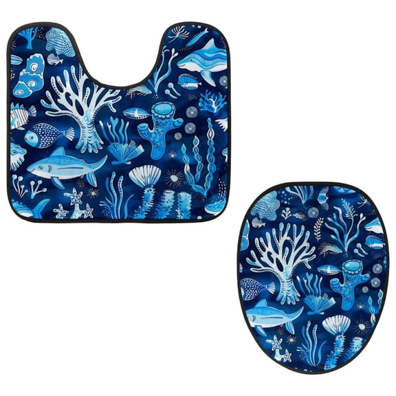 PhooArto Toilet Lid Cover and U-Shaped Toilet Floor Mat Set of 2 Pieces, Blue Sea Life Fish Pattern Toilet Mat Set, Machine Washable Seat Covers Non-Slip Absorbent Rugs