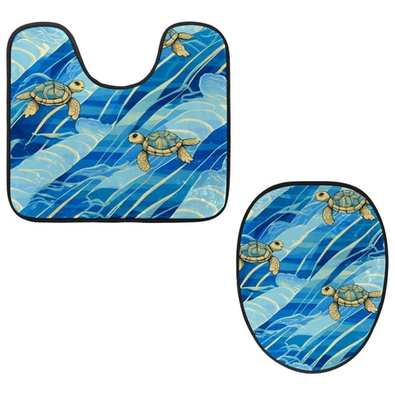 PhooArto Toilet Lid Cover and U-Shaped Toilet Floor Mat Set of 2 Pieces, Blue Wave Stripe Turtles Pattern Toilet Mat Set, Machine Washable Seat Covers Non-Slip Absorbent Rugs