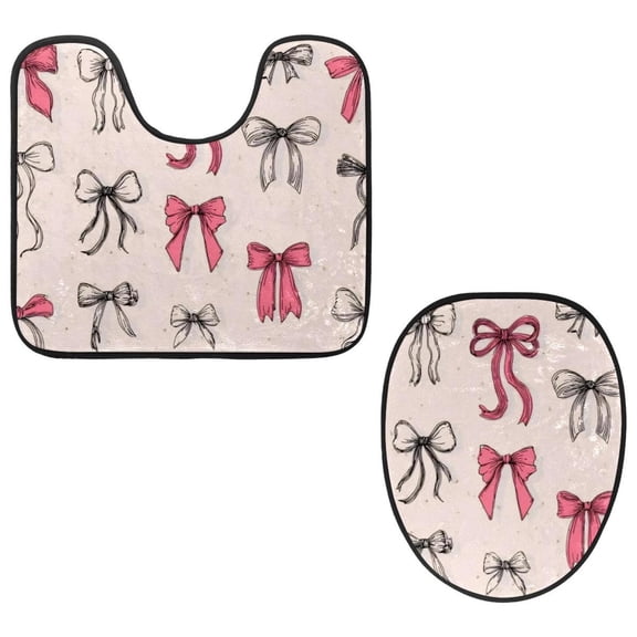 PhooArto Toilet Lid Cover and U-Shaped Toilet Floor Mat Set of 2 Pieces, Bow Pattern Toilet Mat Set, Machine Washable Seat Covers Non-Slip Absorbent Rugs