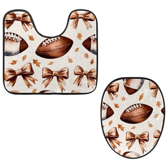 PhooArto Toilet Lid Cover and U-Shaped Toilet Floor Mat Set of 2 Pieces, Bows Football Pattern Toilet Mat Set, Machine Washable Seat Covers Non-Slip Absorbent Rugs