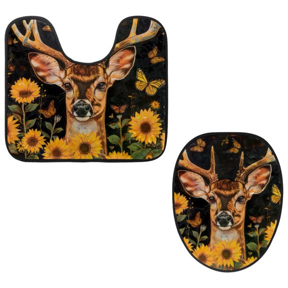 PhooArto Toilet Lid Cover and U-Shaped Toilet Floor Mat Set of 2 Pieces, Butterflies Sunflowers Deer Toilet Mat Set, Machine Washable Seat Covers Non-Slip Absorbent Rugs