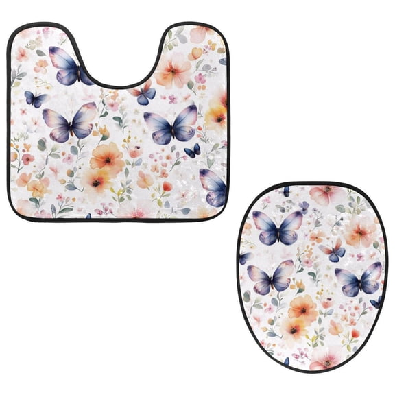 PhooArto Toilet Lid Cover and U-Shaped Toilet Floor Mat Set of 2 Pieces, Butterfly Floral Pattern Toilet Mat Set, Machine Washable Seat Covers Non-Slip Absorbent Rugs