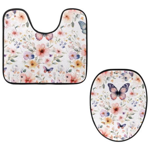 PhooArto Toilet Lid Cover and U-Shaped Toilet Floor Mat Set of 2 Pieces, Butterfly Flowers Pattern Toilet Mat Set, Machine Washable Seat Covers Non-Slip Absorbent Rugs
