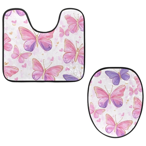 PhooArto Toilet Lid Cover and U-Shaped Toilet Floor Mat Set of 2 Pieces, Butterfly Heart Pattern Toilet Mat Set, Machine Washable Seat Covers Non-Slip Absorbent Rugs