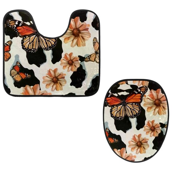 PhooArto Toilet Lid Cover and U-Shaped Toilet Floor Mat Set of 2 Pieces, Butterfly Pattern and Cow Print Toilet Mat Set, Machine Washable Seat Covers Non-Slip Absorbent Rugs