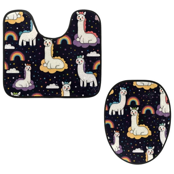 PhooArto Toilet Lid Cover and U-Shaped Toilet Floor Mat Set of 2 Pieces, Cartoon Alpaca Rainbow Pattern Toilet Mat Set, Machine Washable Seat Covers Non-Slip Absorbent Rugs