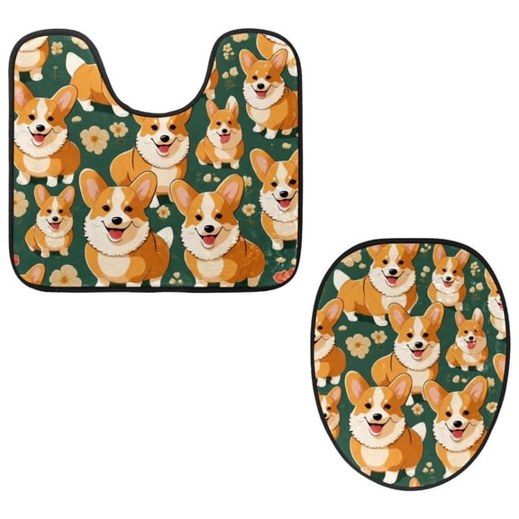 PhooArto Toilet Lid Cover and U-Shaped Toilet Floor Mat Set of 2 Pieces, Cartoon Dog Corgis Pattern Toilet Mat Set, Machine Washable Seat Covers Non-Slip Absorbent Rugs