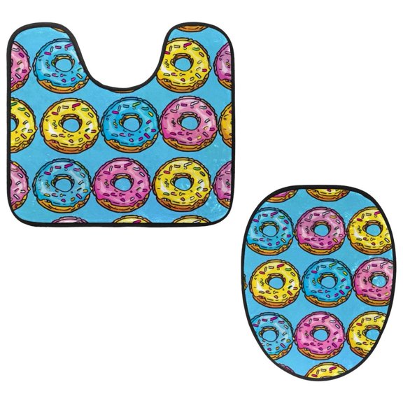PhooArto Toilet Lid Cover and U-Shaped Toilet Floor Mat Set of 2 Pieces, Cartoon Donuts Pattern Toilet Mat Set, Machine Washable Seat Covers Non-Slip Absorbent Rugs