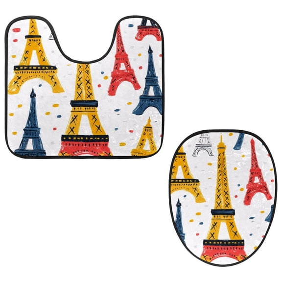PhooArto Toilet Lid Cover and U-Shaped Toilet Floor Mat Set of 2 Pieces, Cartoon Eiffel Tower Toilet Mat Set, Machine Washable Seat Covers Non-Slip Absorbent Rugs