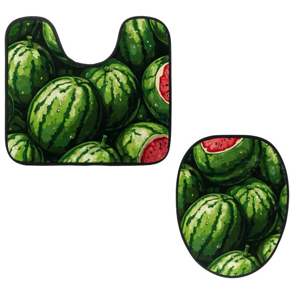 PhooArto Toilet Lid Cover and U-Shaped Toilet Floor Mat Set of 2 Pieces, Cartoon Watermelon Pattern Toilet Mat Set, Machine Washable Seat Covers Non-Slip Absorbent Rugs