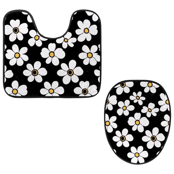 PhooArto Toilet Lid Cover and U-Shaped Toilet Floor Mat Set of 2 Pieces, Chamomile Flowers Pattern Toilet Mat Set, Machine Washable Seat Covers Non-Slip Absorbent Rugs