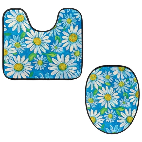 PhooArto Toilet Lid Cover and U-Shaped Toilet Floor Mat Set of 2 Pieces, Chamomiles Pattern Toilet Mat Set, Machine Washable Seat Covers Non-Slip Absorbent Rugs
