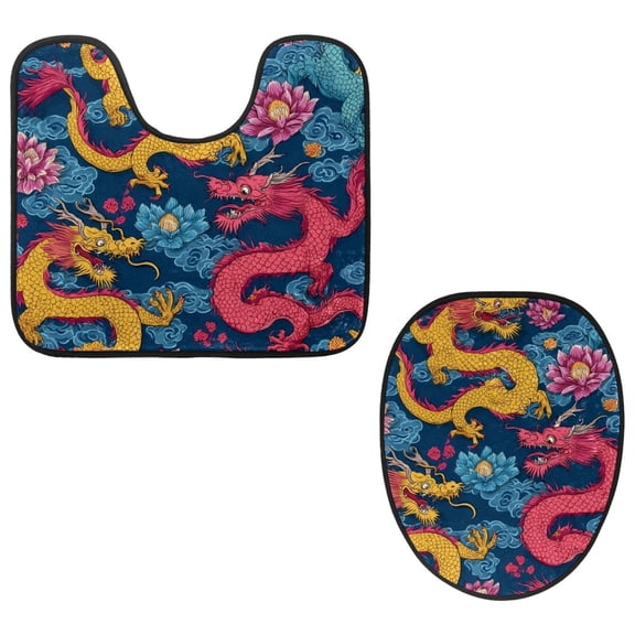 PhooArto Toilet Lid Cover and U-Shaped Toilet Floor Mat Set of 2 Pieces, Chinese Dragon Pattern Toilet Mat Set, Machine Washable Seat Covers Non-Slip Absorbent Rugs