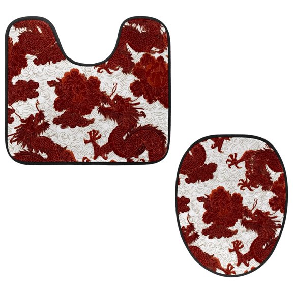 PhooArto Toilet Lid Cover and U-Shaped Toilet Floor Mat Set of 2 Pieces, Chinese Red Dragon Pattern Toilet Mat Set, Machine Washable Seat Covers Non-Slip Absorbent Rugs