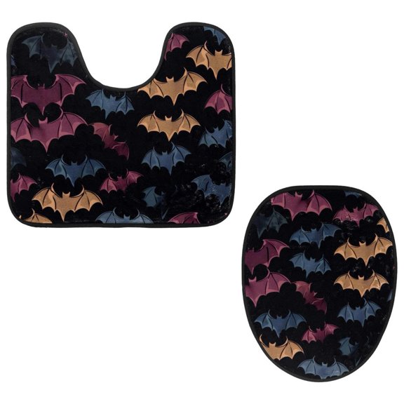 PhooArto Toilet Lid Cover and U-Shaped Toilet Floor Mat Set of 2 Pieces, Colorful Bats Pattern Toilet Mat Set, Machine Washable Seat Covers Non-Slip Absorbent Rugs