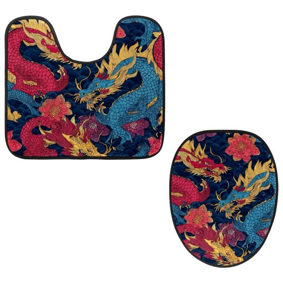 PhooArto Toilet Lid Cover and U-Shaped Toilet Floor Mat Set of 2 Pieces, Colorful Chinese Dragon Pattern Toilet Mat Set, Machine Washable Seat Covers Non-Slip Absorbent Rugs