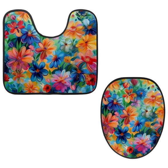 PhooArto Toilet Lid Cover and U-Shaped Toilet Floor Mat Set of 2 Pieces, Colorful Flower Floral Pattern Toilet Mat Set, Machine Washable Seat Covers Non-Slip Absorbent Rugs