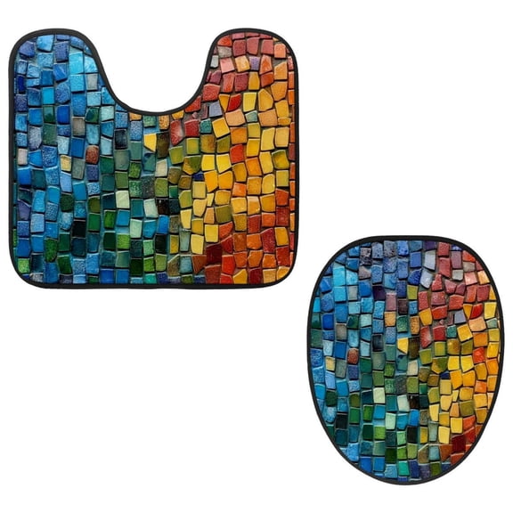 PhooArto Toilet Lid Cover and U-Shaped Toilet Floor Mat Set of 2 Pieces, Colorful Mosaic Pattern Toilet Mat Set, Machine Washable Seat Covers Non-Slip Absorbent Rugs