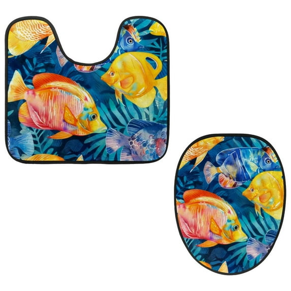 PhooArto Toilet Lid Cover and U-Shaped Toilet Floor Mat Set of 2 Pieces, Colorful Tropical Fish Pattern Toilet Mat Set, Machine Washable Seat Covers Non-Slip Absorbent Rugs