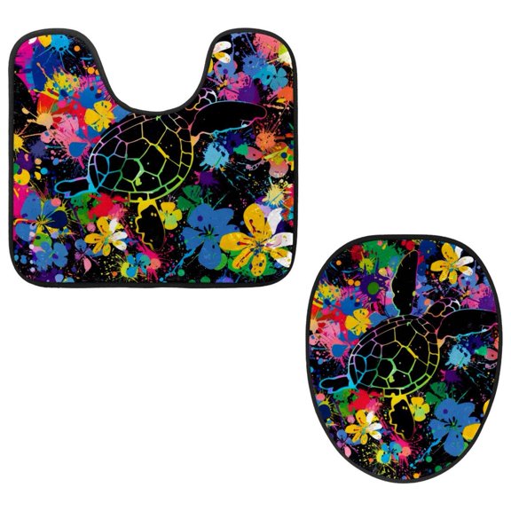 PhooArto Toilet Lid Cover and U-Shaped Toilet Floor Mat Set of 2 Pieces, Colors Splashes Turtle Flowers Pattern Toilet Mat Set, Machine Washable Seat Covers Non-Slip Absorbent Rugs