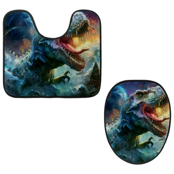 PhooArto Toilet Lid Cover and U-Shaped Toilet Floor Mat Set of 2 Pieces, Cool Dinosaur Fantasy Galaxy Toilet Mat Set, Machine Washable Seat Covers Non-Slip Absorbent Rugs