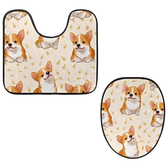 PhooArto Toilet Lid Cover and U-Shaped Toilet Floor Mat Set of 2 Pieces, Corgi Leaves Pattern Toilet Mat Set, Machine Washable Seat Covers Non-Slip Absorbent Rugs