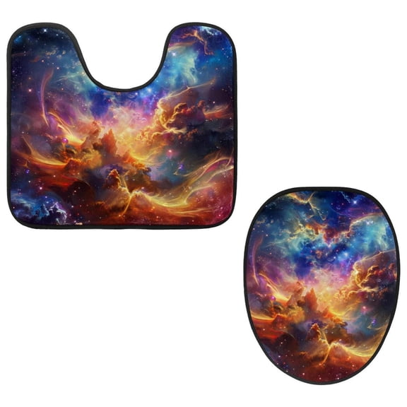 PhooArto Toilet Lid Cover and U-Shaped Toilet Floor Mat Set of 2 Pieces, Cosmic Swirling Clouds Toilet Mat Set, Machine Washable Seat Covers Non-Slip Absorbent Rugs