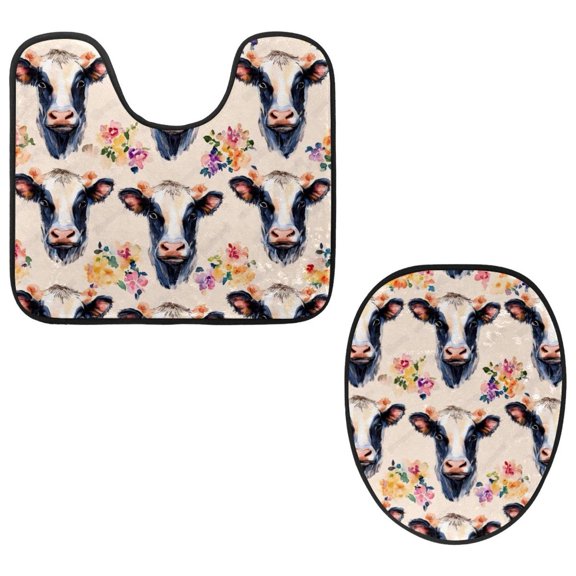 PhooArto Toilet Lid Cover and U-Shaped Toilet Floor Mat Set of 2 Pieces, Cow Floral Pattern Toilet Mat Set, Machine Washable Seat Covers Non-Slip Absorbent Rugs