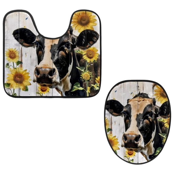 PhooArto Toilet Lid Cover and U-Shaped Toilet Floor Mat Set of 2 Pieces, Cow and Wood Board Sunflower Toilet Mat Set, Machine Washable Seat Covers Non-Slip Absorbent Rugs