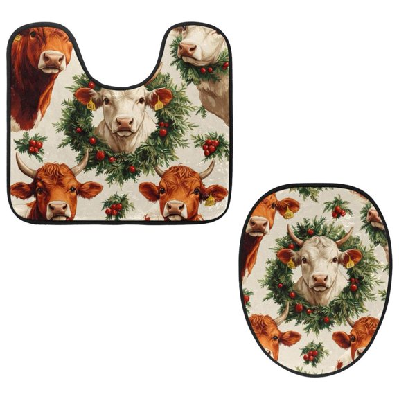PhooArto Toilet Lid Cover and U-Shaped Toilet Floor Mat Set of 2 Pieces, Cow Wreath Toilet Mat Set, Machine Washable Seat Covers Non-Slip Absorbent Rugs