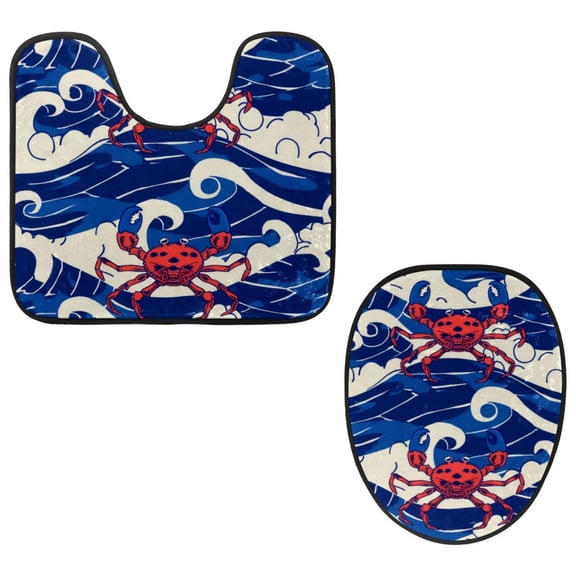 PhooArto Toilet Lid Cover and U-Shaped Toilet Floor Mat Set of 2 Pieces, Crab Blue Wave Pattern Toilet Mat Set, Machine Washable Seat Covers Non-Slip Absorbent Rugs