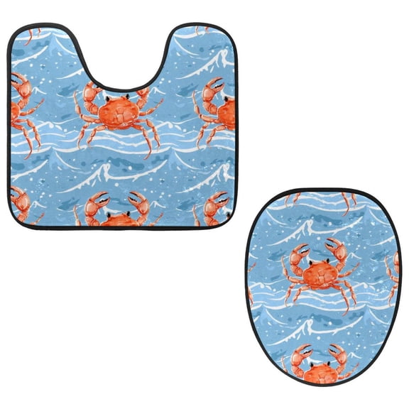 PhooArto Toilet Lid Cover and U-Shaped Toilet Floor Mat Set of 2 Pieces, Cute Carb Blue Wave Pattern Toilet Mat Set, Machine Washable Seat Covers Non-Slip Absorbent Rugs