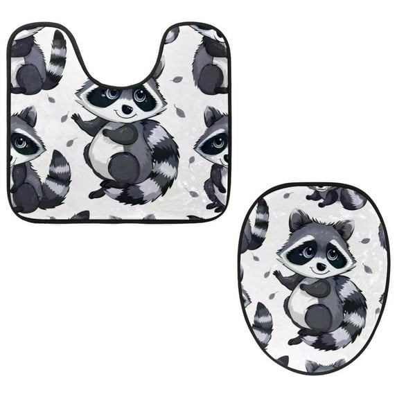 PhooArto Toilet Lid Cover and U-Shaped Toilet Floor Mat Set of 2 Pieces, Cute Cartoon Raccoon Patterns Toilet Mat Set, Machine Washable Seat Covers Non-Slip Absorbent Rugs