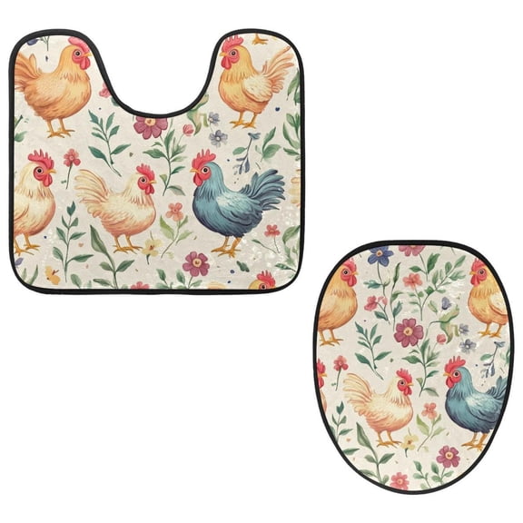 PhooArto Toilet Lid Cover and U-Shaped Toilet Floor Mat Set of 2 Pieces, Cute Chicken Pattern Toilet Mat Set, Machine Washable Seat Covers Non-Slip Absorbent Rugs