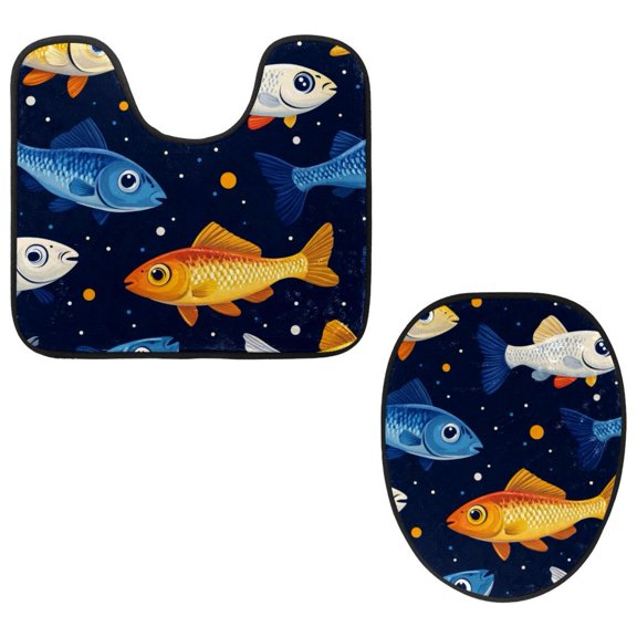 PhooArto Toilet Lid Cover and U-Shaped Toilet Floor Mat Set of 2 Pieces, Cute Fish Pattern Toilet Mat Set, Machine Washable Seat Covers Non-Slip Absorbent Rugs