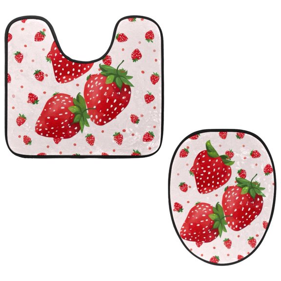 PhooArto Toilet Lid Cover and U-Shaped Toilet Floor Mat Set of 2 Pieces, Cute Strawberries Dots Pattern Toilet Mat Set, Machine Washable Seat Covers Non-Slip Absorbent Rugs