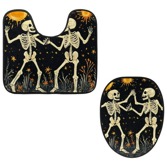PhooArto Toilet Lid Cover and U-Shaped Toilet Floor Mat Set of 2 Pieces, Dancing Skeletons Toilet Mat Set, Machine Washable Seat Covers Non-Slip Absorbent Rugs