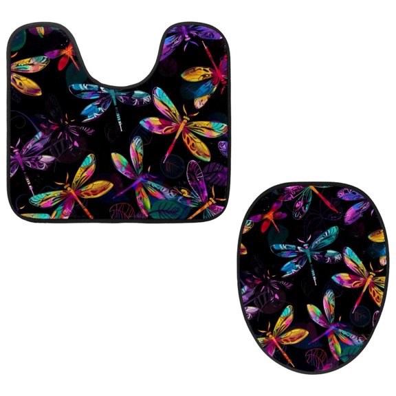 PhooArto Toilet Lid Cover and U-Shaped Toilet Floor Mat Set of 2 Pieces, Dark Colorful Dragonflies Pattern Toilet Mat Set, Machine Washable Seat Covers Non-Slip Absorbent Rugs