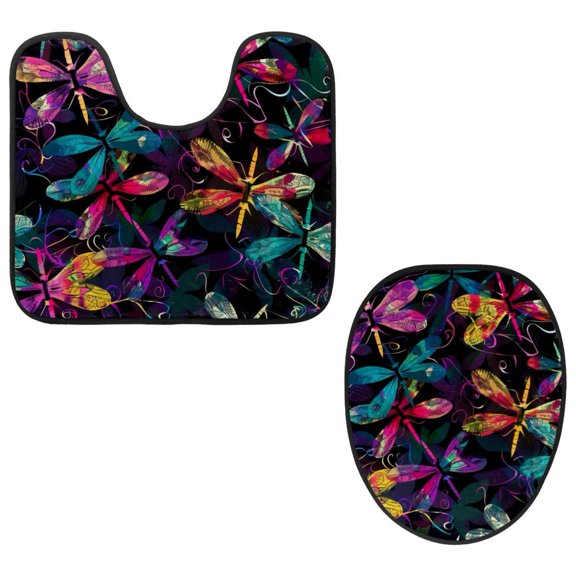 PhooArto Toilet Lid Cover and U-Shaped Toilet Floor Mat Set of 2 Pieces, Dark Colorful Dragonfly Pattern Toilet Mat Set, Machine Washable Seat Covers Non-Slip Absorbent Rugs