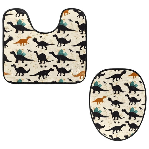 PhooArto Toilet Lid Cover and U-Shaped Toilet Floor Mat Set of 2 Pieces, Dinosaur Silhouettes Pattern Toilet Mat Set, Machine Washable Seat Covers Non-Slip Absorbent Rugs