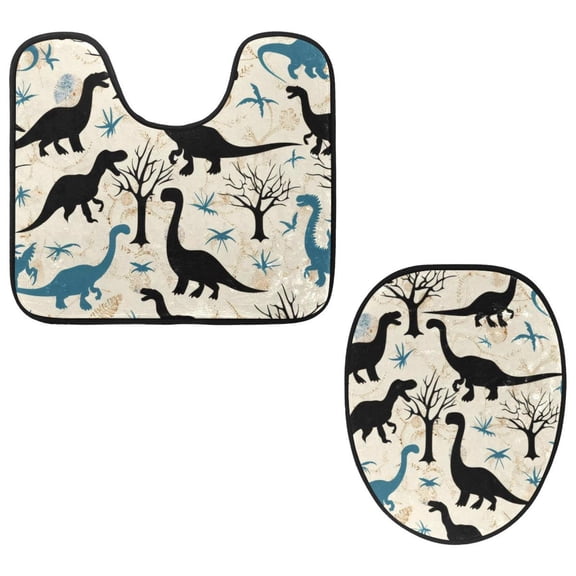 PhooArto Toilet Lid Cover and U-Shaped Toilet Floor Mat Set of 2 Pieces, Dinosaurs Tree Silhouettes Pattern Toilet Mat Set, Machine Washable Seat Covers Non-Slip Absorbent Rugs