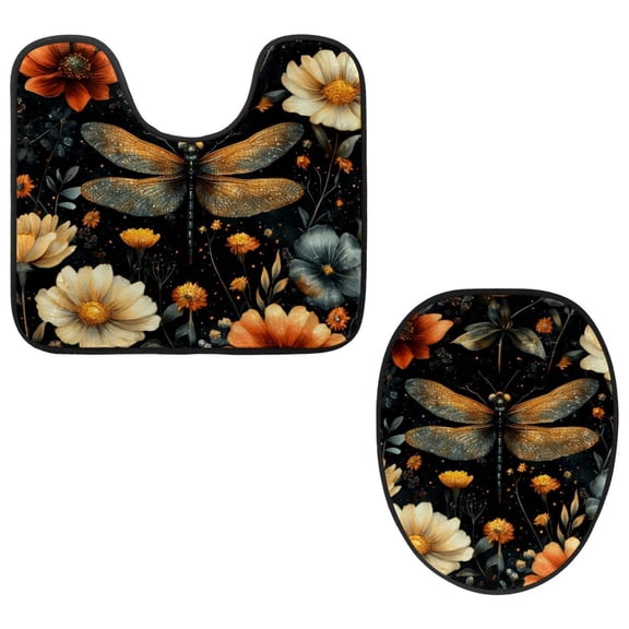 PhooArto Toilet Lid Cover and U-Shaped Toilet Floor Mat Set of 2 Pieces, Dragonfly Floral Pattern Toilet Mat Set, Machine Washable Seat Covers Non-Slip Absorbent Rugs