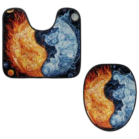 PhooArto Toilet Lid Cover and U-Shaped Toilet Floor Mat Set of 2 Pieces, Earth Ice and Fire Toilet Mat Set, Machine Washable Seat Covers Non-Slip Absorbent Rugs